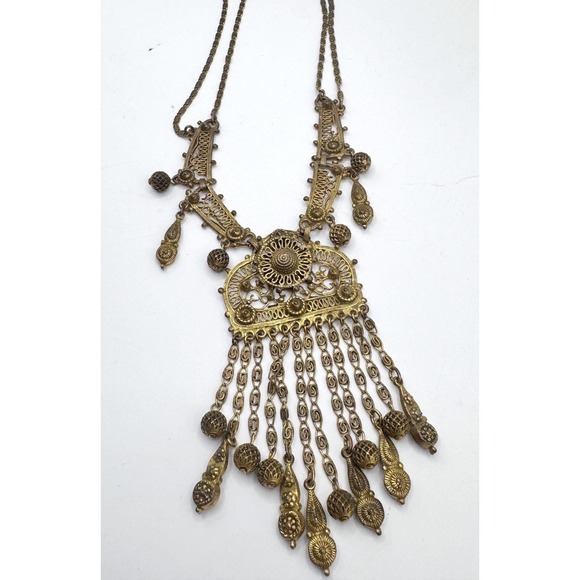 Indo Craft Brass Boho Bib Necklace - 1970sTribal Fringe Stmt necklace